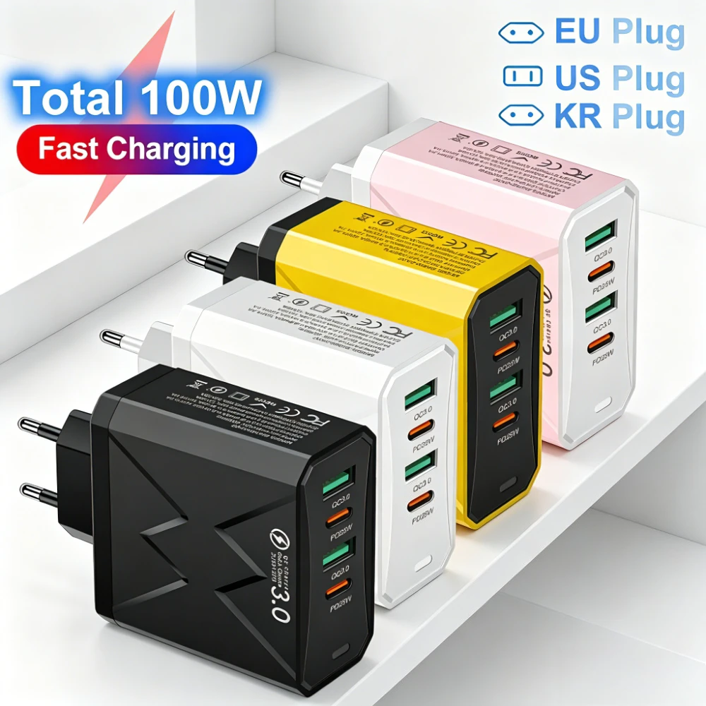 Total 100W USB C Wall Charger Fast Charging USB PD Quick Charge EU/US/KR Plug for iPhone Xiaomi Huawei High Speed Travel Charger