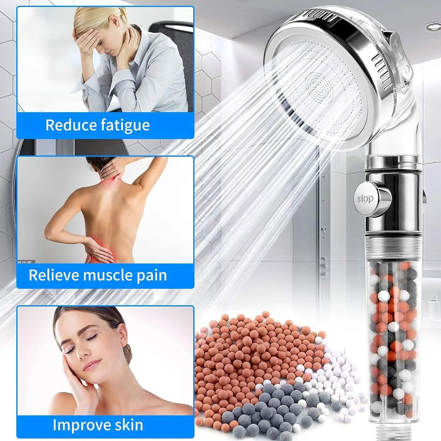 New 3 Functions High Pressure SPA Shower Head Water Saving Handheld Rainfall Bathroom Accessories Anion Filter Shower