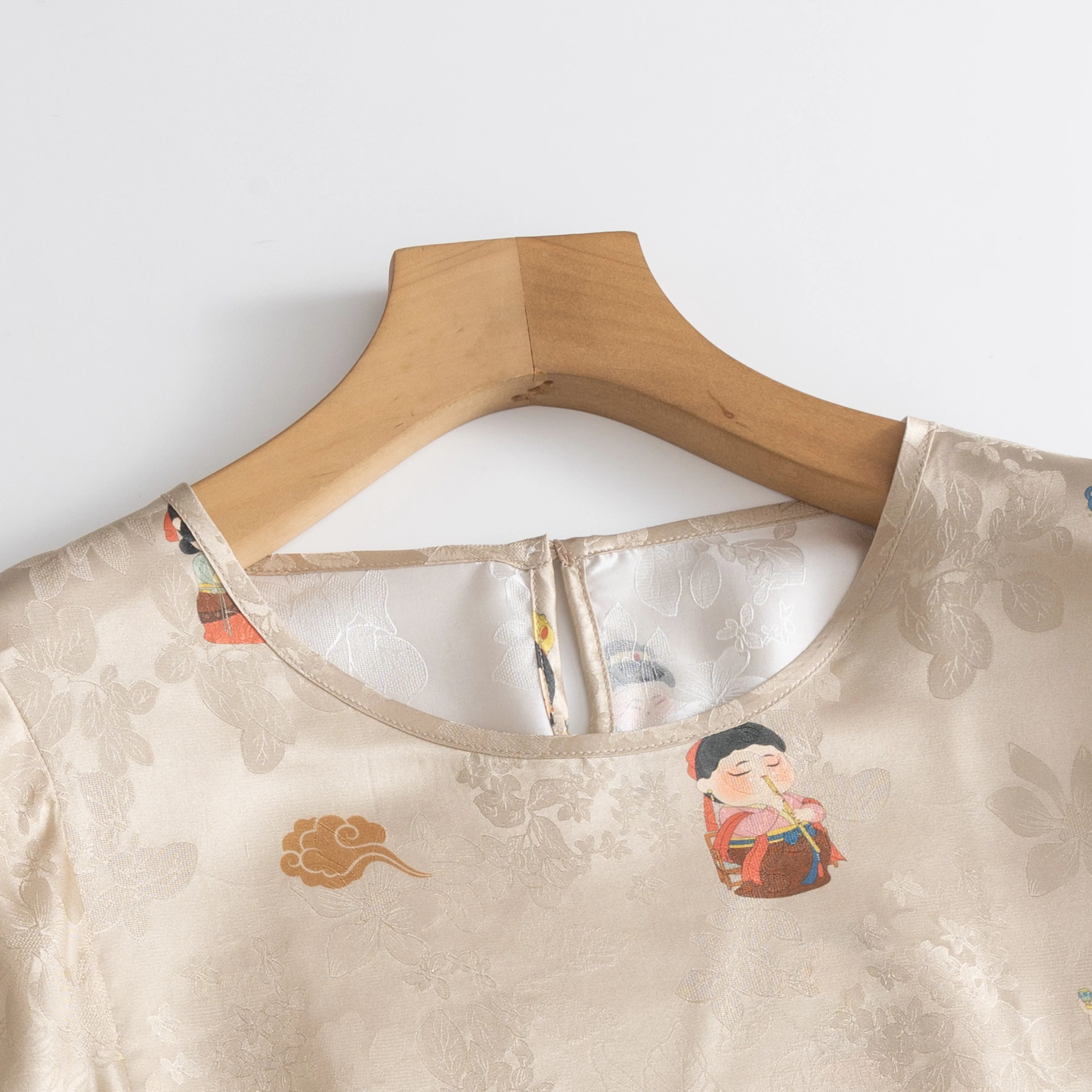 Women's Casual New 19MM 100% Natural Mulberry Silk Lantern Sleeve Round Neck Loose Versatile Little Tang Dynasty Printed T-shirt