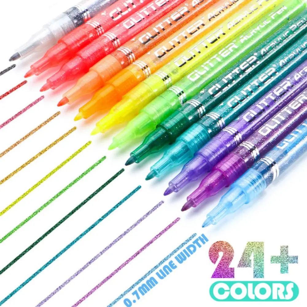 Art Use 12 Colors Glitter Pen 24 Colors Quick-Drying Acrylic Pen Set Easy to Clean Water-Based Quick-Drying Pen Calligraphy