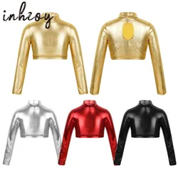 Girls Dance Tops Metallic Shiny Ballet Gymnastics Rave Outfits Kids Glossy Long Sleeves T-Shirts Crop Tops Stage Dance Costumes