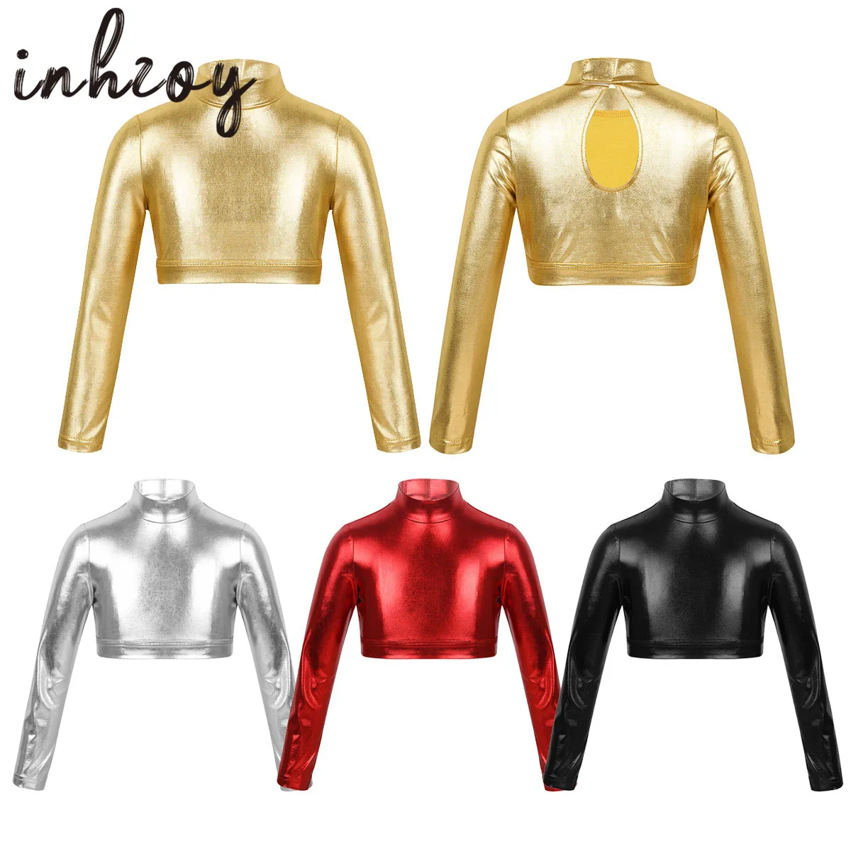 Girls Dance Tops Metallic Shiny Ballet Gymnastics Rave Outfits Kids Glossy Long Sleeves T-Shirts Crop Tops Stage Dance Costumes