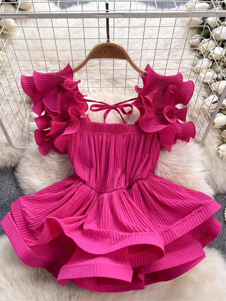 EWQ Ruffles Design Pleated Blouse For Women Solid Color Lace-up Slim Backless Tops Casual 2024 Summer New Clothing 27C113