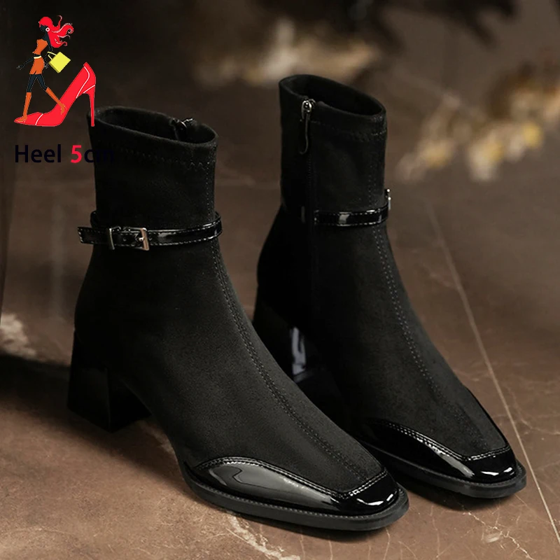 Women Slim Short Boots Hot Sell 2024 Autumn New Office Shoes 5CM Square Heel Lady Dating Suede Ankles Boots Elegant Female Shoes