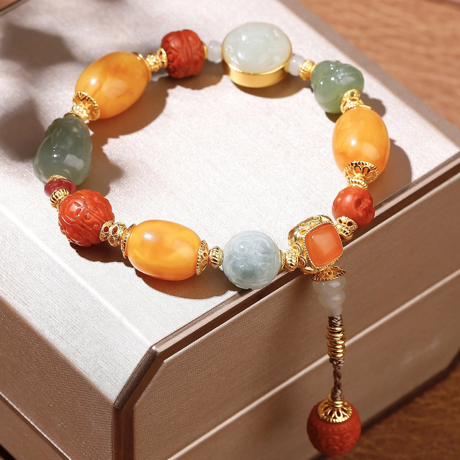 Natural Old Amber Multi‑Gem Bracelet,South Red Agate Hetian Jade Pixiu Jadeite,S925 Silver Vintage Chinese Bangle Women Gift