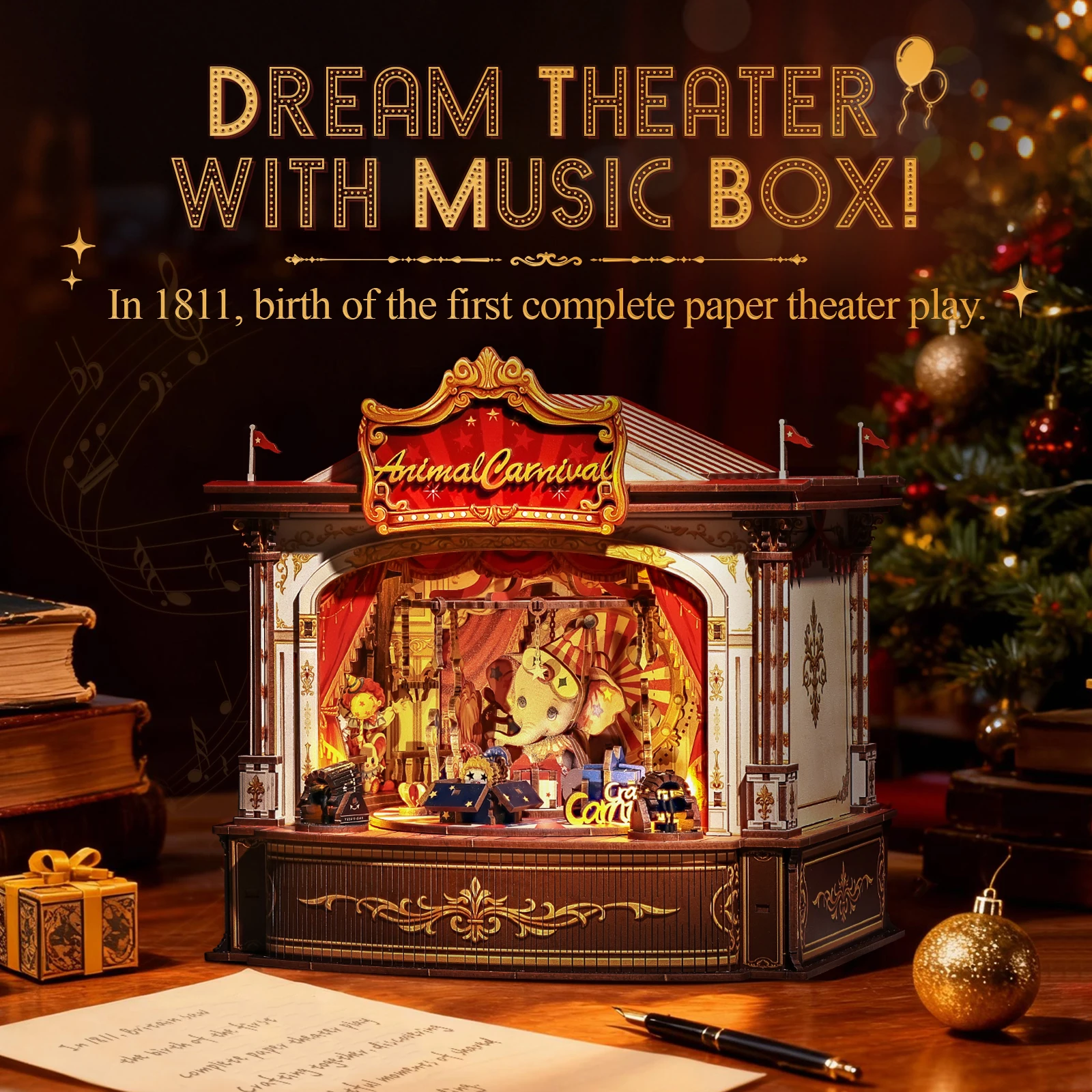 CUTEBEE DIY Miniature House Kit for Adults Wooden Music Box Dollhouse Animal Carnival 3D Puzzle Handmade Model Building Set