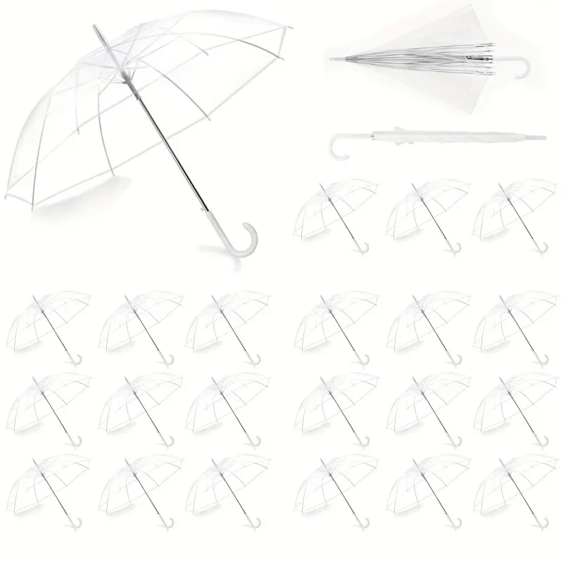 20pcs Wedding Transparent Umbrellas Bulk Clear Automatic Open Umbrellas Party Pack Valance Umbrellas with White J Hook Handle