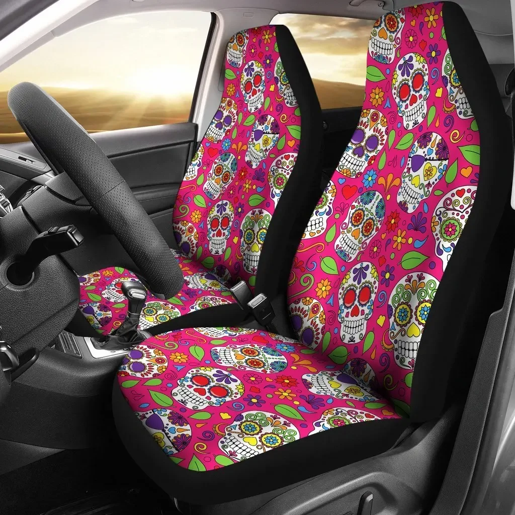 Sugar Skull Skeleton Girly Floral Pirate Pattern Print Seat Cover Car Seat Covers Set 2 Pc, Car Accessories Car Mats