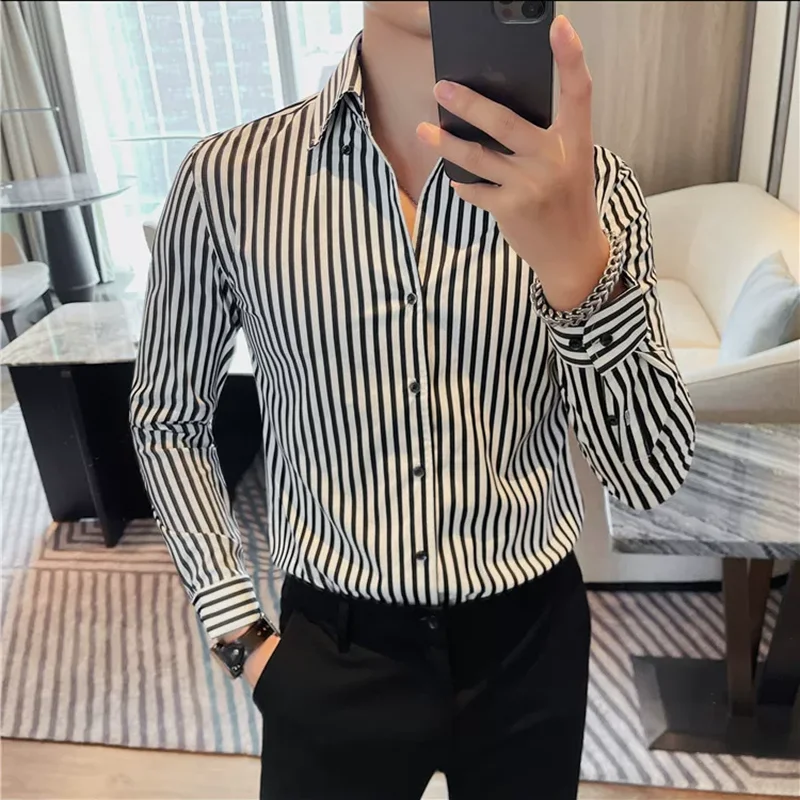 

Мужская полосатая повседневная рубашка с длинным рукавом, удобная, дышащая, с большим воротником, на пуговицах, приталенного кроя, для делового стиля.