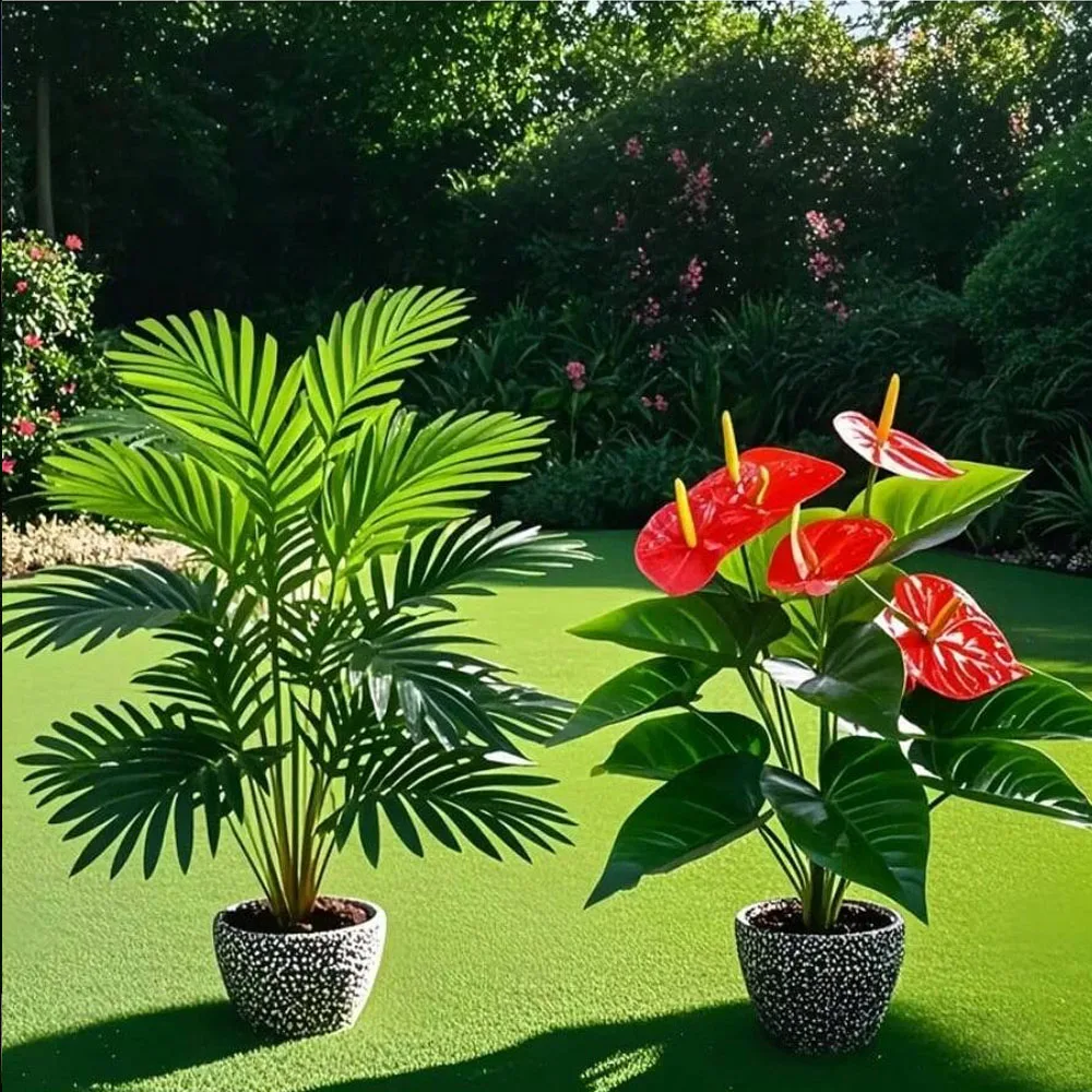 2 Sets große künstliche Palmenpflanzen und Anthuriumgrüne Zyklusblätter aus Kunststoff für Zuhause, Balkon, Büro, Outdoor-Dekoration – Detail 3