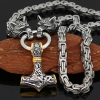 Viking Stainless Steel Fashion Style Double Wolf Head Thor's Hammer Pendant Necklace Men's Personality Charm Jewelry