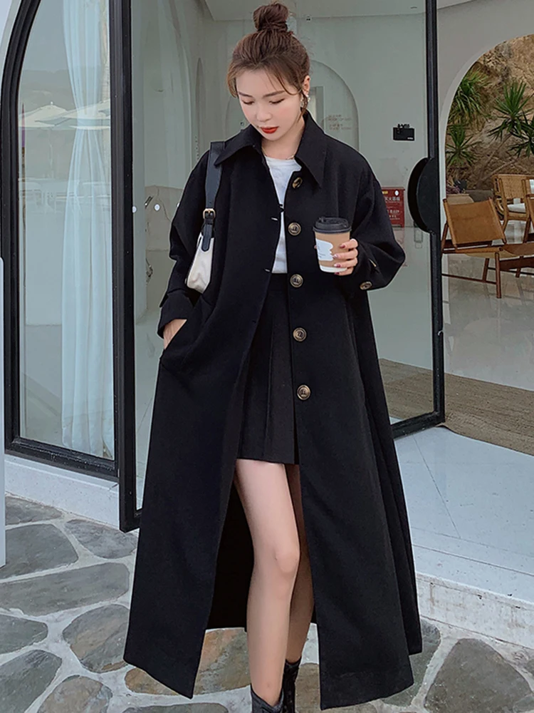 LANMREM Black Office Lady Long Trench Coat Women Lapel Belt Gathered Waist Single Breasted Windbreaker 2024 Spring New 2AA5119