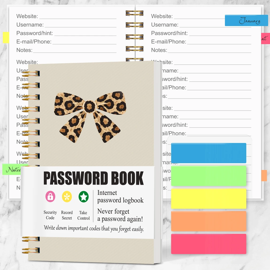 1PC Leopard Bow Password Keeper Book, Spiral Password Logbook with Address, Birthday & Notes Pages
