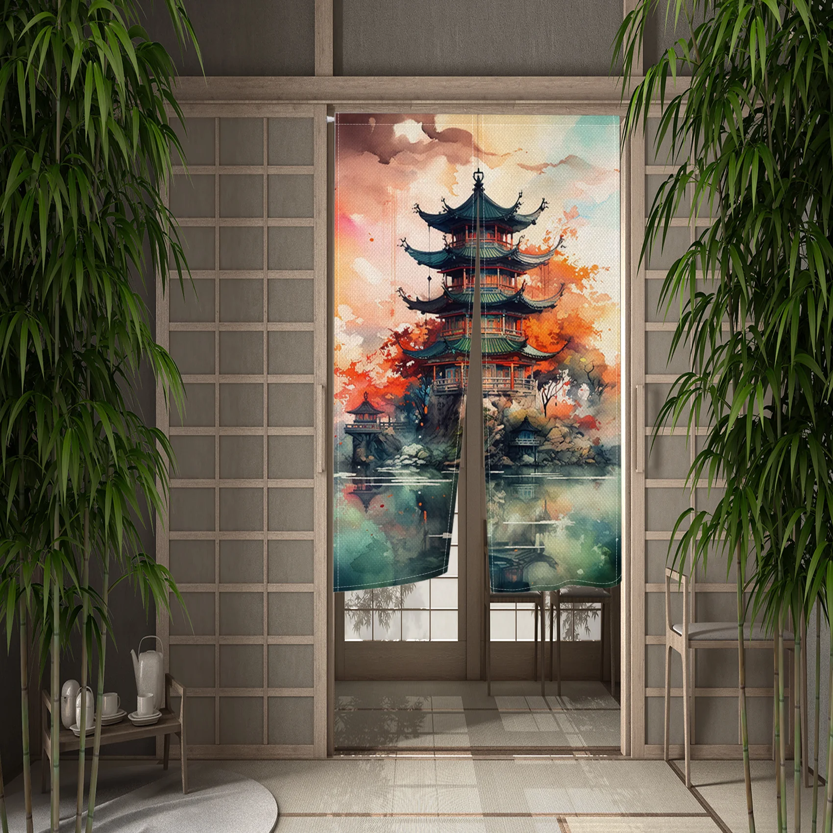 Japanese Noren Split Door Curtain Sakura Mount Fuji Bridge Tower Landscape Doorway Curtains for Kitchen Entrance Half-curtain