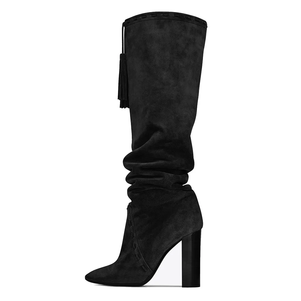 

Newest Women Fashion Pointed Toe Black Brown Suede Leather Chunky Heel Tassels Knee High Boots Slip-on Thick High Heel Long Boot