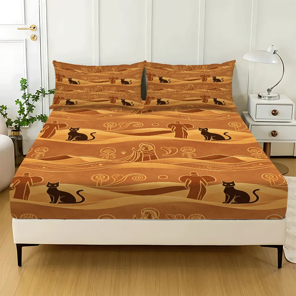 Low-Maintenance, Machine-Washable 2D Printed Bedding Set, Simple and Stylish Cat Design, Mattress Protector, Fitted Sheet Style, Protective Cover, 2D Flat Printing, Mattress Protector, Suitable for All Seasons, Machine-Washable Design, Holiday Decoration, Various Sizes, Breathable Protective Cover with Pillowcase