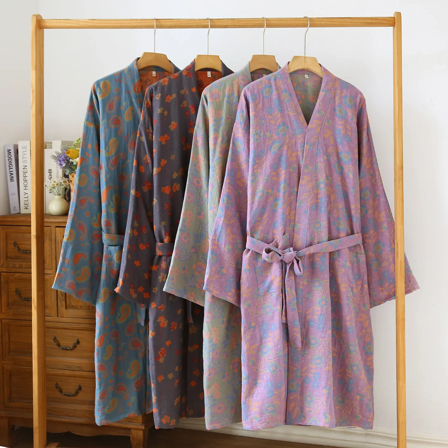 

Cotton Kimono Robes for Women Spring and Autumn Vintage Flower Printing Half Sleeve Mid-long Style Sweat Steamed Home Bathrobe