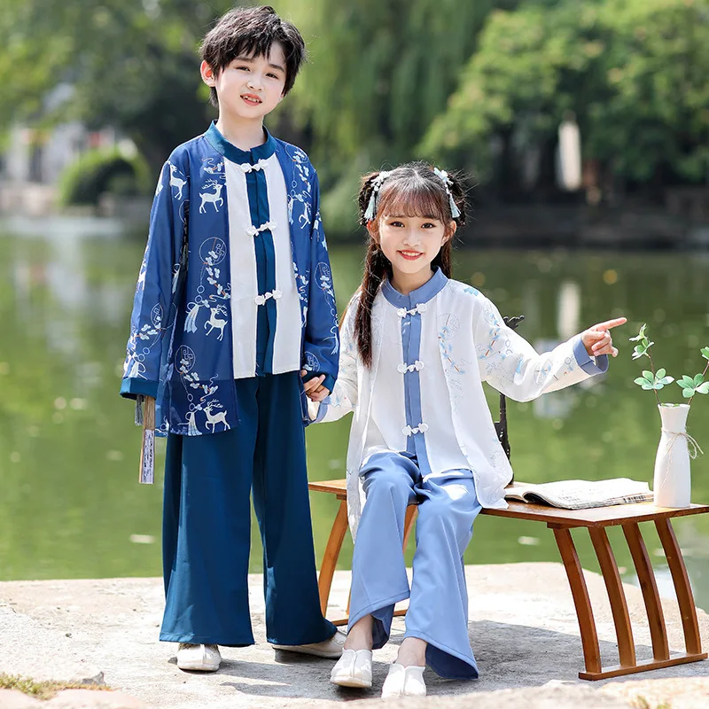 

Детские весенне-Осенние костюмы Hanfu с длинными рукавами для мальчиков и девочек, костюмы для выступлений, детские костюмы