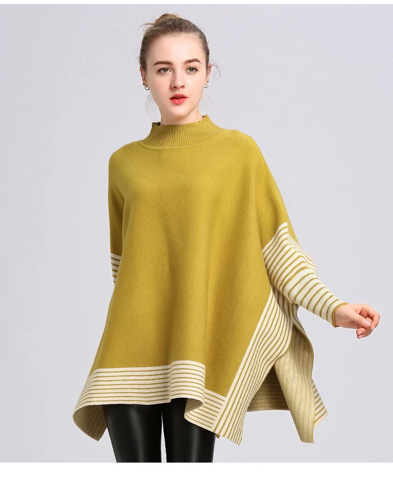 Women Spring Autumn Sweater Shawl Lady Knitted Strip Wrap Bat-wing Sleeve Turtleneck Pullover Loose Fall Winter Poncho Cloak New