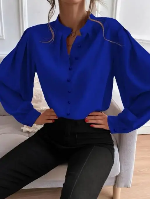 2025 primavera nova elegante gola de cor sólida manga longa única linha botão solto camisa superior feminina para mulher