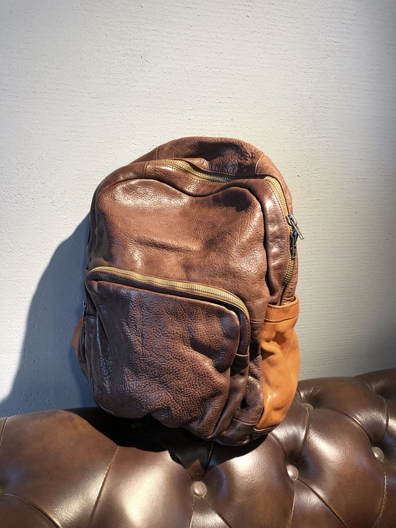 Handmade thick leather Men backpack large-capacity outdoor travel backpacks laptop bag retro Brown Coffee leather shoulder bags