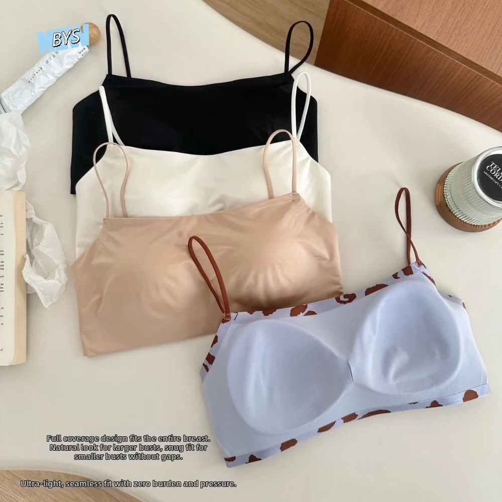 

Thin Shoulder Strap Satin Wireless Bra Leopard Print Traceless Brassiere for Women Anti-sagging Boat Neck Push Up Underwear