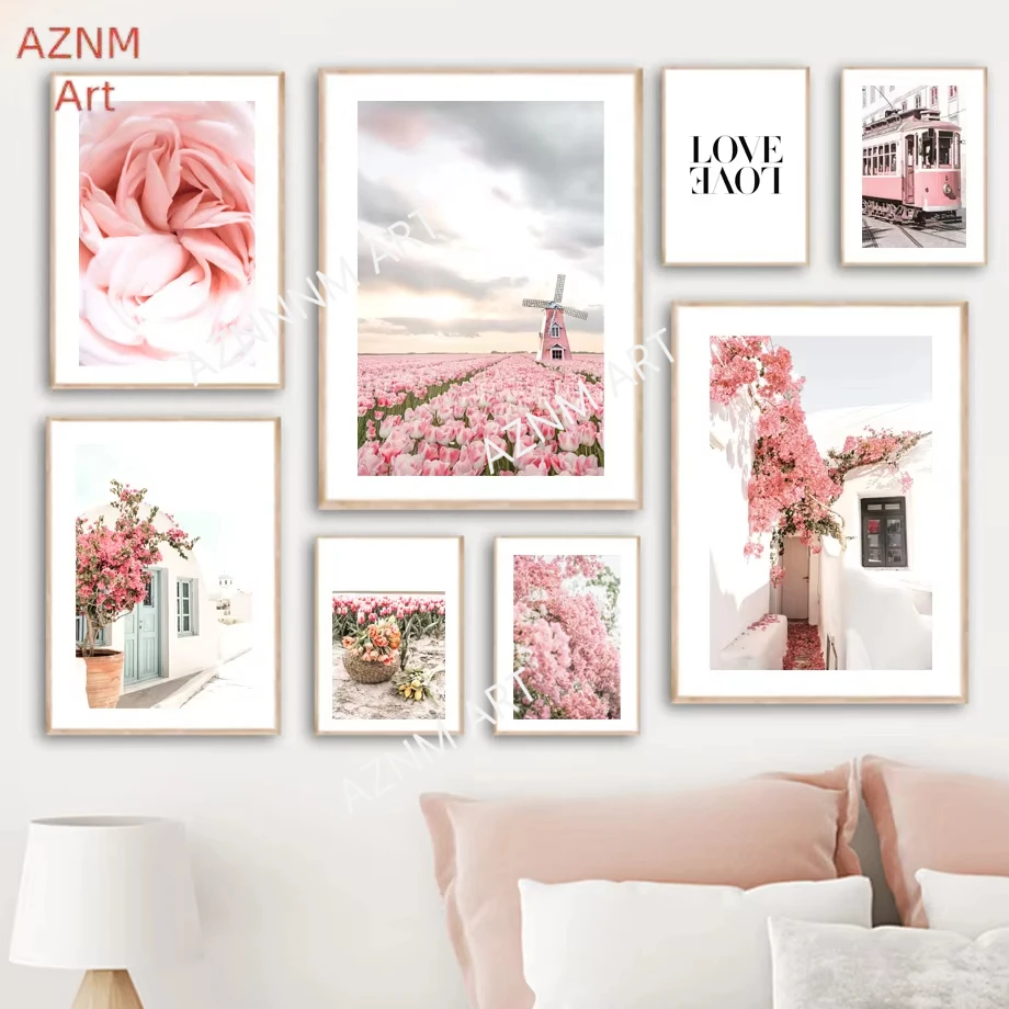 Nordisches Tulpenfeld Blumenbahn Santorini Rosa Natur Kunstposter Leinwand Wohnzimmer Wanddekoration Heimbild