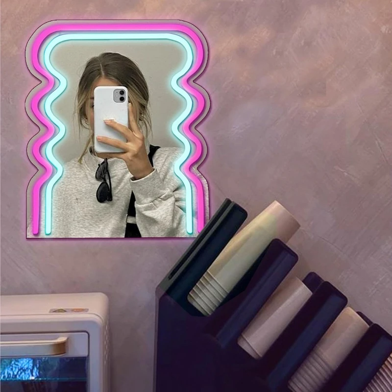 Archway Wave Neon Sign Mirror for Wall Decor 3D Art Neon Light LED Lights Wall Mirrors,Makeup Mirror with Lights for Women Gift