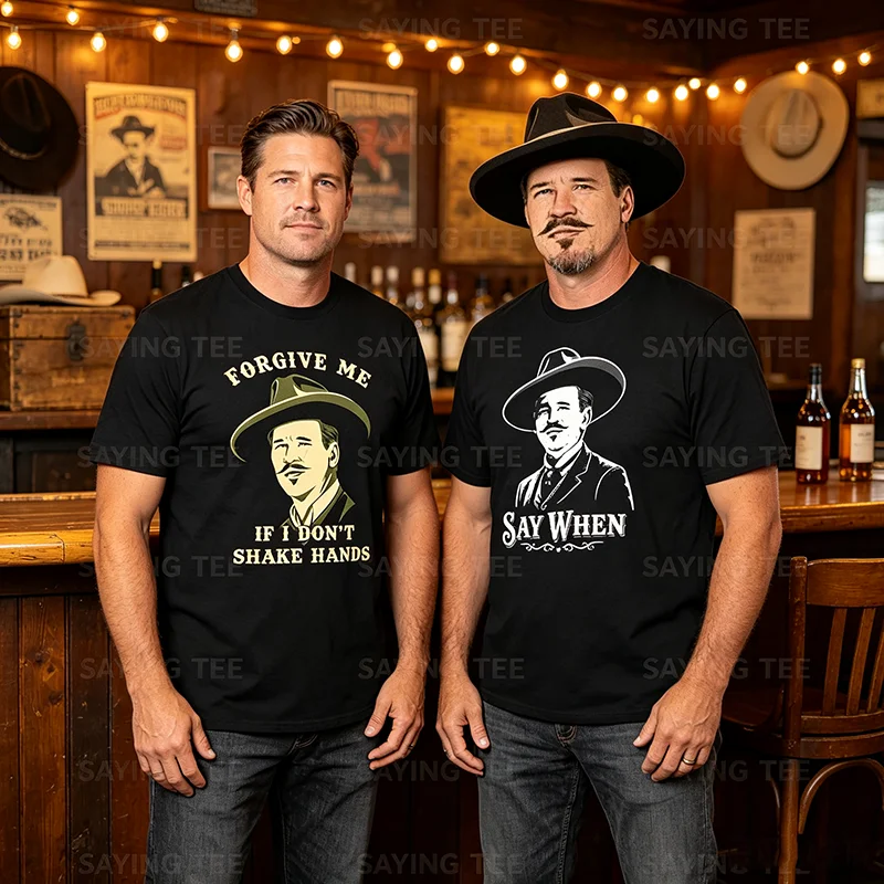 Tombstone Doc Holliday „I Don't Shake Hands“ 90er-Jahre Westernfilm T-Shirt „Say When“ Retro-Stil Vintage Spruch T-Shirt Herrenbekleidung Baumwolle – Detail 3