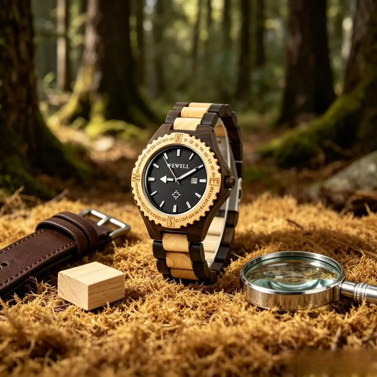 Men's Natural Wooden Quartz Wristwatch description 1