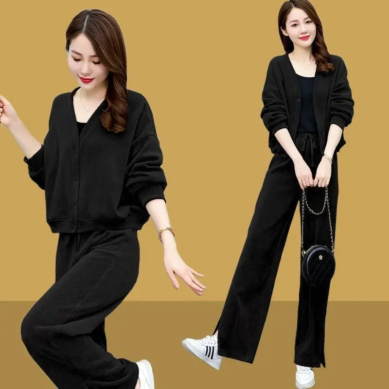 Women's Sports Suit 2023 Autumn Winter New Corduroy Coat Loose And Slimming V-neck Top And Straight Wide Leg Pants Two Piece Set