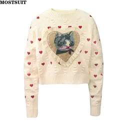 Cat Heart Jacquard Knit Sweater Pullover Women 2024 Spring Long Sleeve O-neck Tops Knitwear Stylish Fashion Chic Ladies Jumpers