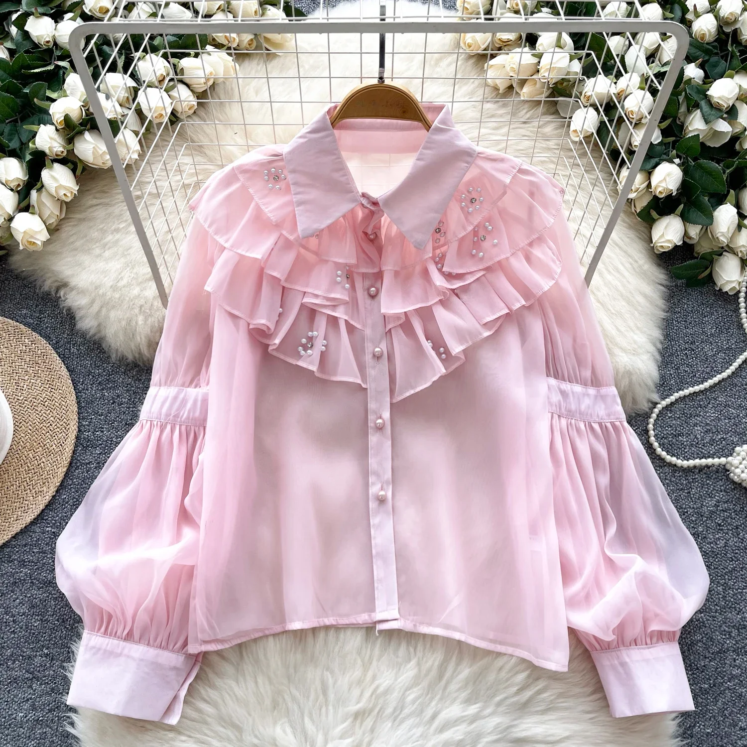 Chic Rhinestone Women Vintage Turn-down Collar Basics Long Sleeve Loose Ruffle Top French Streetwear High Street Autumn Blouse