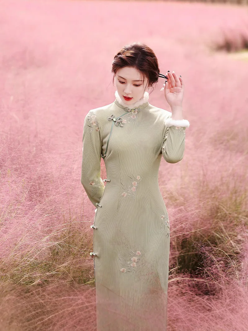 Chinese Traditional Qipao Dress Cheongsam Women's Clothing Autumn Winter Gentle Flower Temperament Elegant Embroidery Vintage