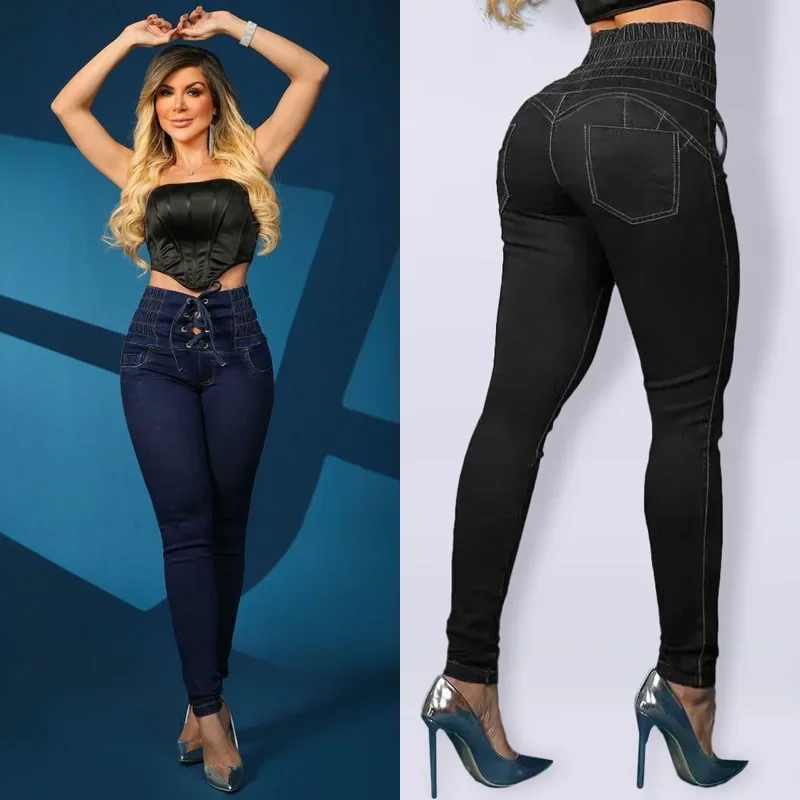 

Lace Up Slim Fit Jeans High Waist Slimming Hip Lifting Trousers Black Color Denim Jeans Casual Pants For Women