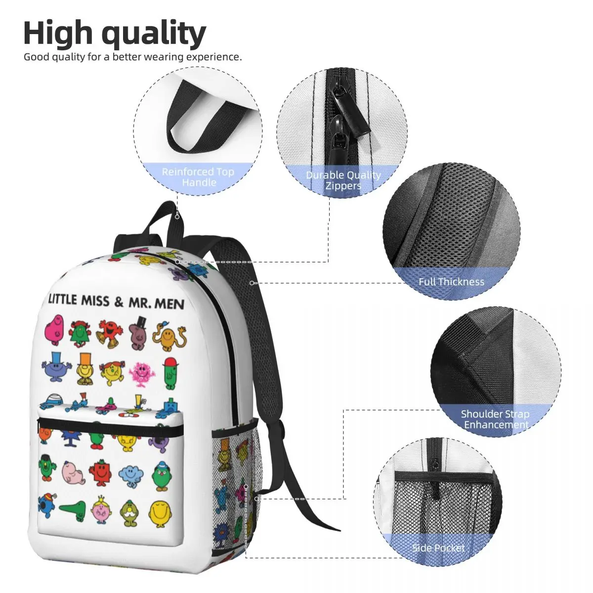 Little Miss And Mr. Men Backpack Daypack Large Capacity Boys Girls BookBag School Bag Shoulder Bags for Men Women