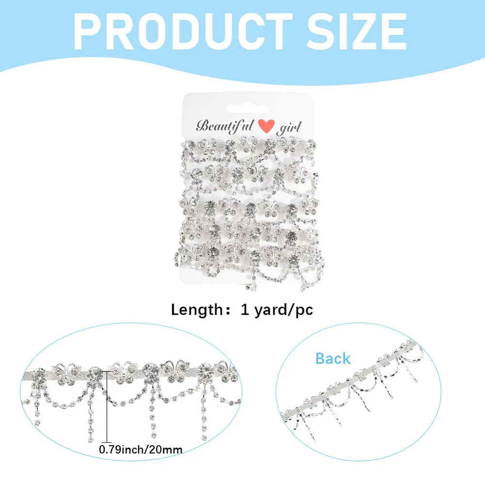 1 Yards Rhinestone Chain Trim Tassel Ribbon Clear Butterfly Applique Sewing Embellishments String Fringe Chains for DIY Crafts