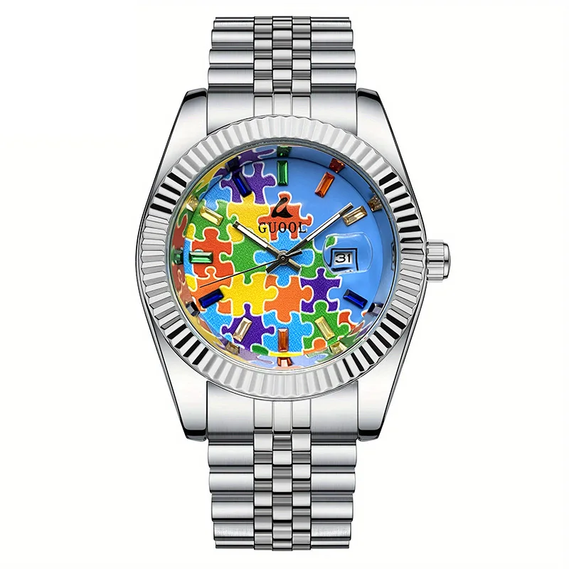 New Hot-Selling Men's Stainless Steel Five-Link Steel Band Watch with Puzzle Pattern, Business Style, Round Case, Calendar Display Function, Valentine's Day Gift, Father's Day Gift, Holiday Gift, Halloween Gift, Christmas Gift, Thanksgiving Gift view 5