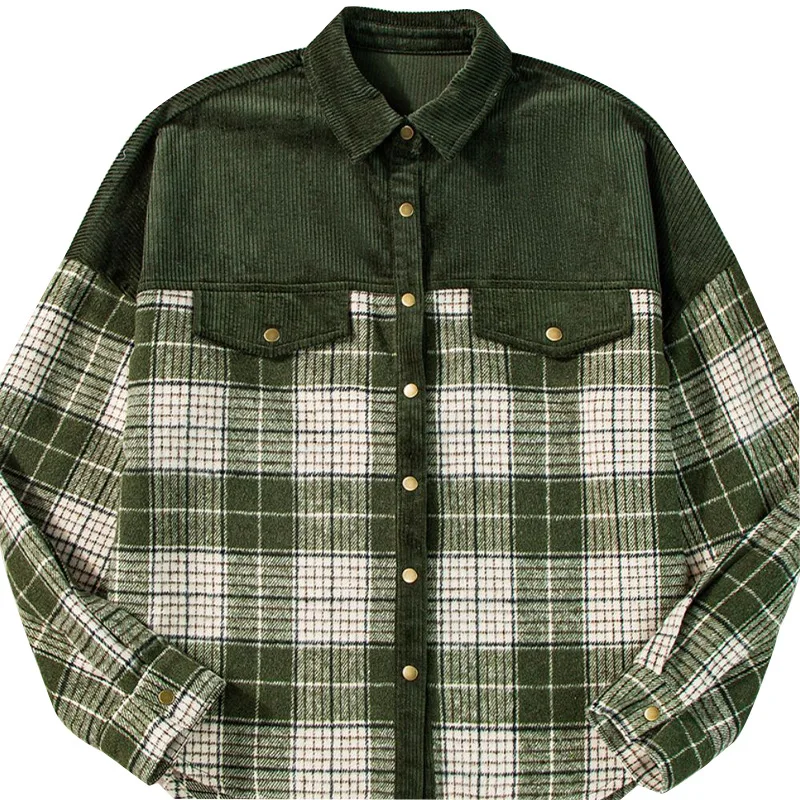 ユーロアメリカン風カラーブロックコーデュロイコート 2025秋冬 長袖レディーストップス