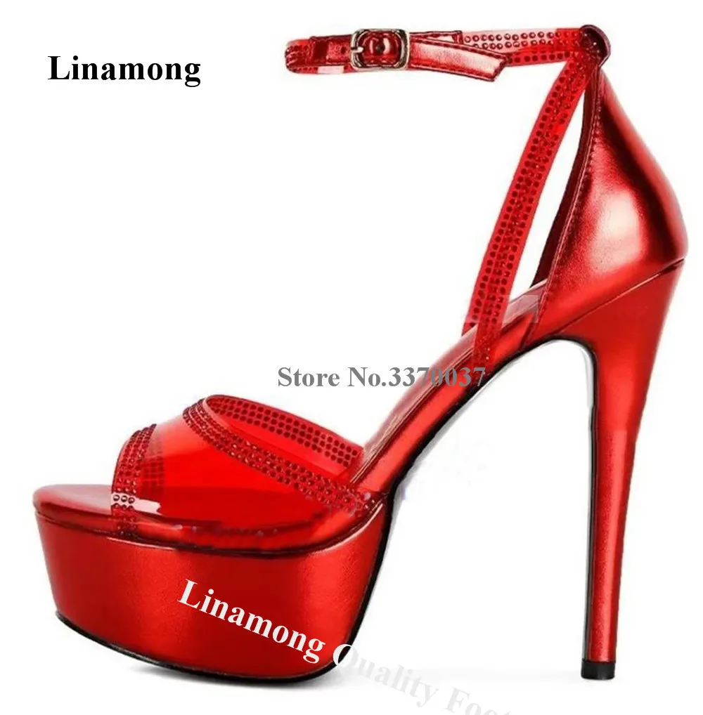 

Linamong Bling Bling PVC Rhinestones Thin Heel Sandals Shining Peep Toe Red Purple Crystals High Platform Wedding Heels