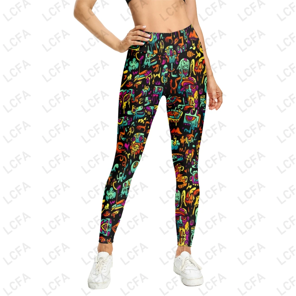 Damskie ciepłe legginsy gorąca wyprzedaż 3D psychodeliczny Doodle Cartoon Design nadruk pełne legginsy wysokiej jakości sprężystość spodnie do fitnessu