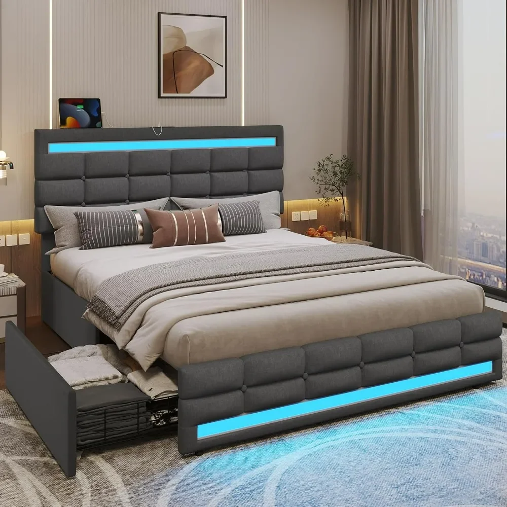 Smart Square Stitched Button Tufted Design High Quality Full Size Upholstered Platform Bed Frame, LED Lights Headboard Footboard