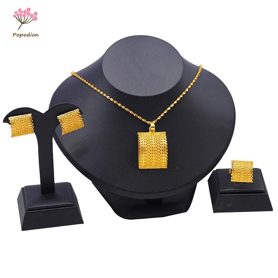 Dubai 24K Gold Plated Jewelry Set Women's Wedding Necklace Earrings Ring Three Piece Set YY10470