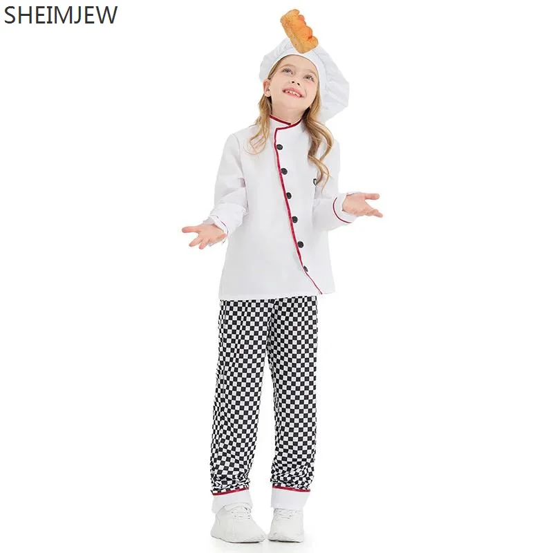 Carnival Cosplay Kitchen Suit Purim Kid Fun Kitchen Chef Bakers Costume Top Pant Hat Set For Girl Boy Cosplay Fancy Party Dress