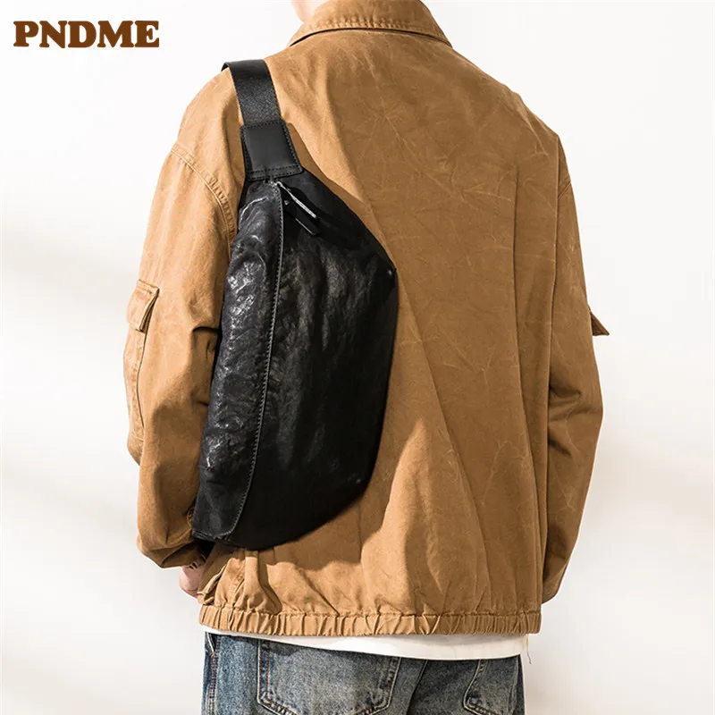 PNDME fashion casual high quality genuine leather men's black chest bag outdoor real cowhide motorcycle shoulder crossbody bag