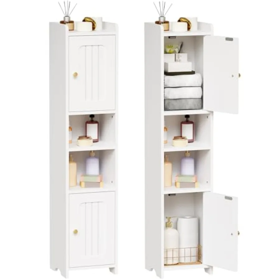 

Slim Bathroom Storage Cabinet Corner Narrow Cabinet with 2 Doors and Adjustable Shelf Freestanding Small Bathroom Organizers an