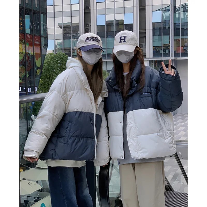 

Dark Blue Down Jacket Women Coat Contrasting Colors Fashion American Streetwear Duck Down Feather Female Winter Short Outwear