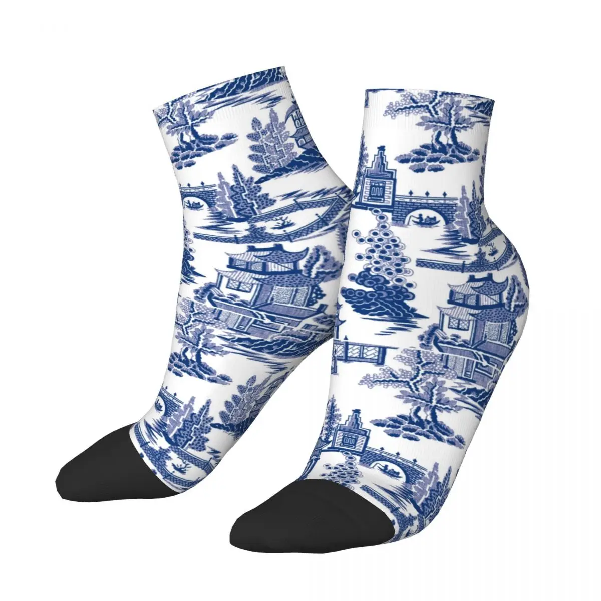 Blue Willow Ancient Ming Porcelain Men Women Crew Socks Unisex Kawaii 3D Print Chinoiserie Pattern Dress Socks