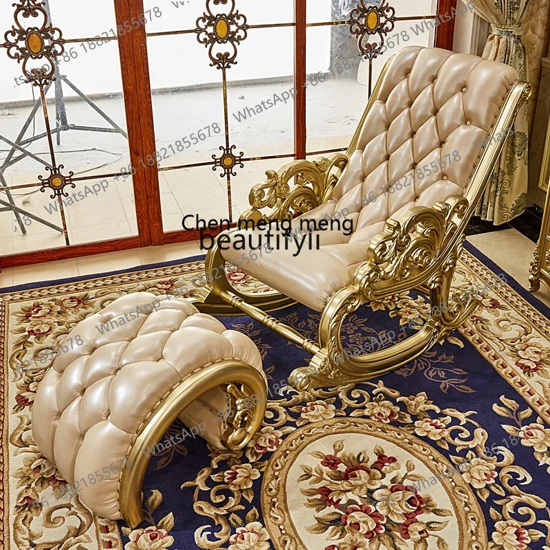 B178 European solid wood first layer cowhide leather rocking chair recliner balcony leisure lunch break chair bedroom furniture2