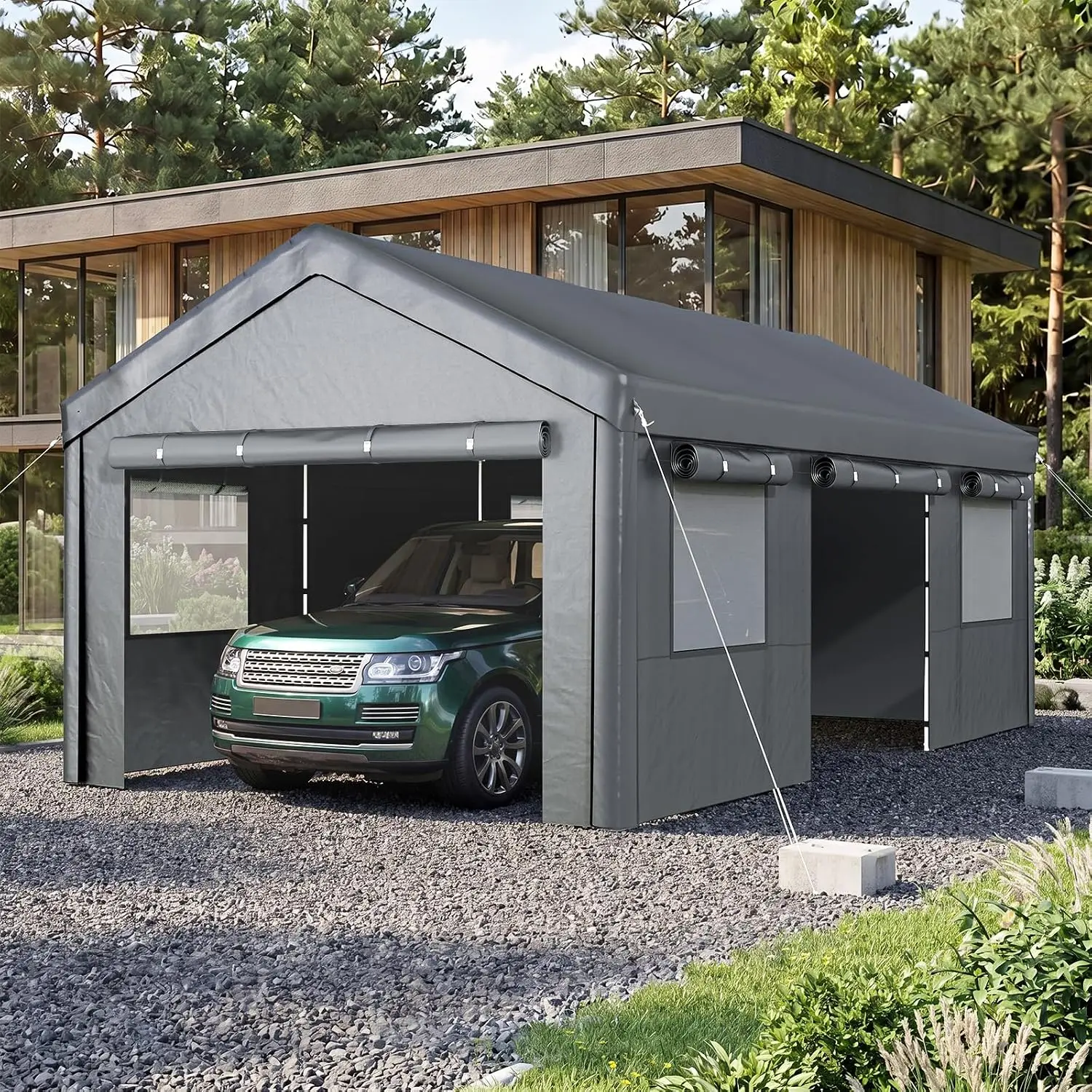 Carport, 12x20 ft Heavy Duty Carport Portable Garage Car Canopy for Car, Truck, SUV, Boat, Grey, with Roll-up Windows, Custom